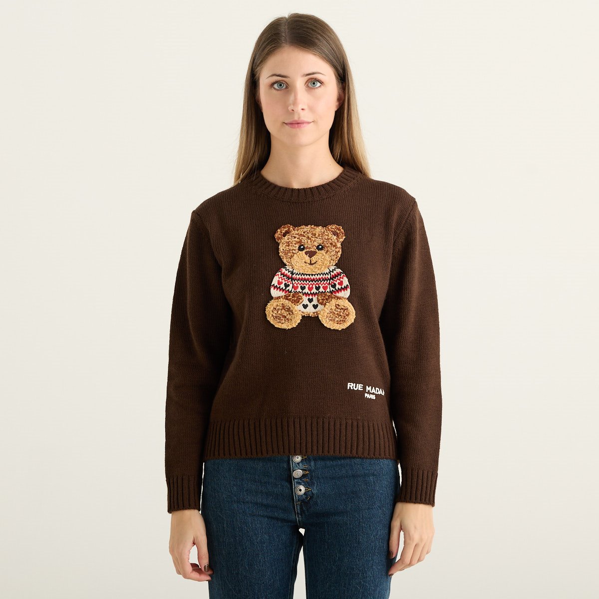 Rue Madam Paris Maglione Donna Marrone con Orsetto Marvin in Misto Lana