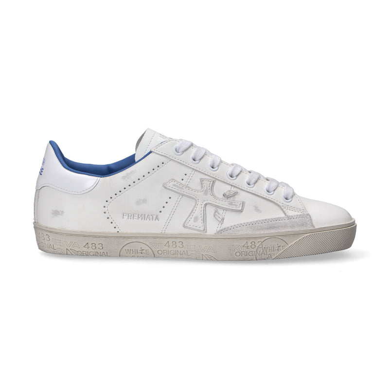 Premiata sneaker Steven in pelle bianca azzurra