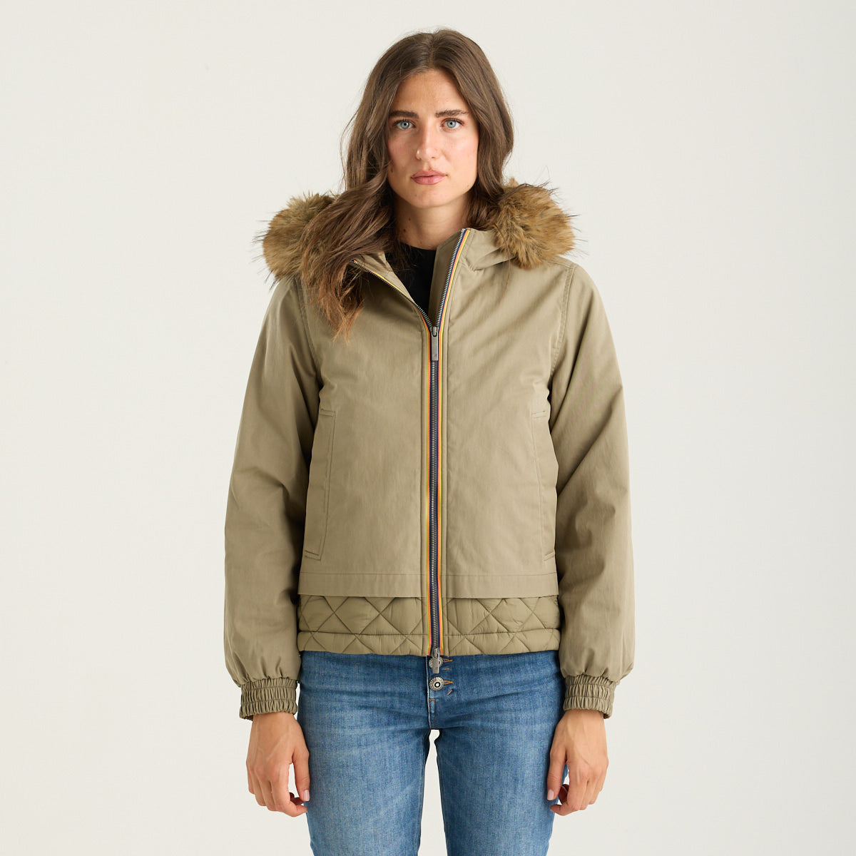 K-Way parka corto tosca in tessuto verde militare con cappuccio