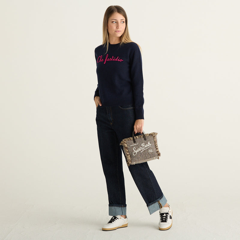 MC2 Saint Barth Maglione Donna New Queen Blu Navy con Scritta Che Fastidio Fucsia