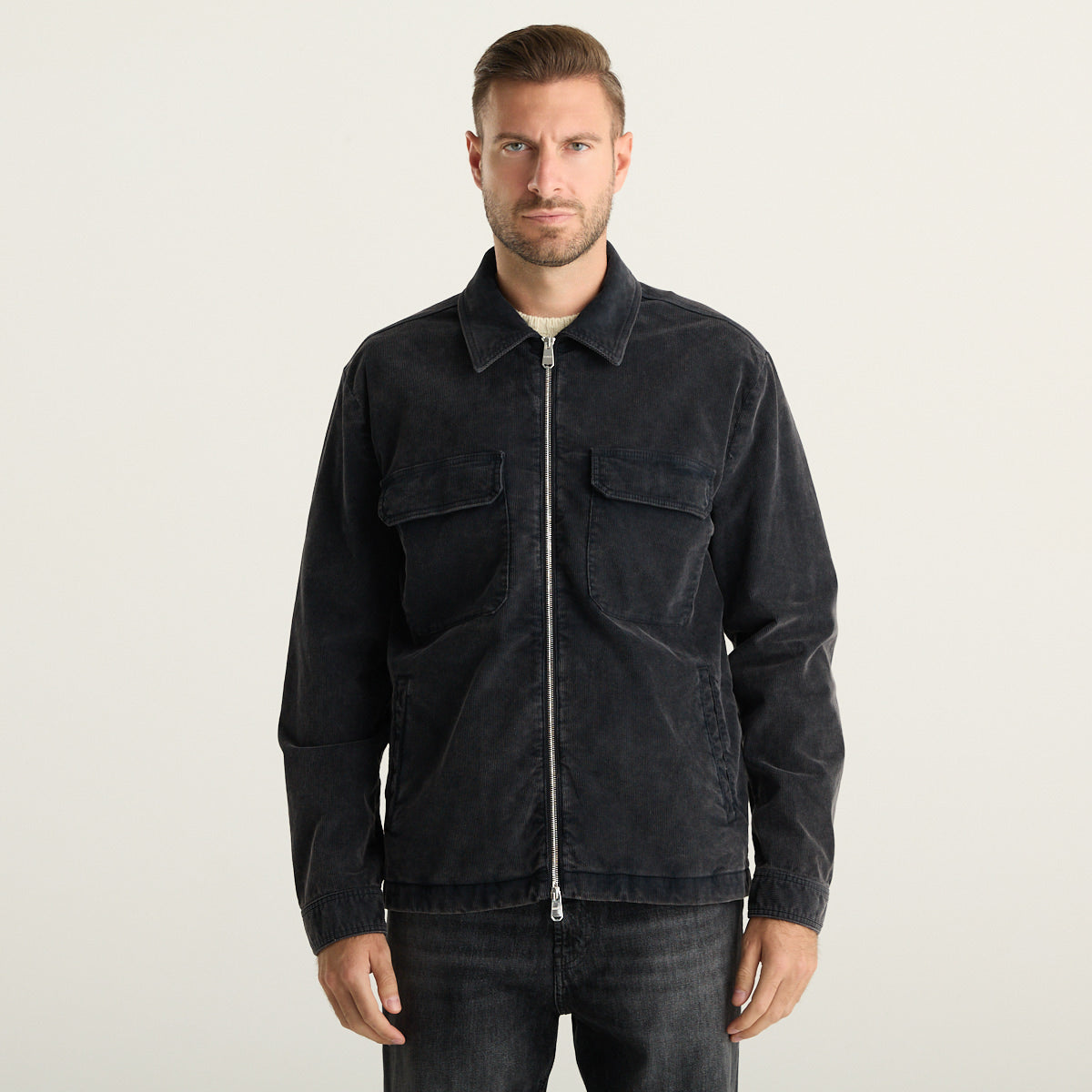 Dondup Giacca Uomo Antracite in Velluto a Coste con Zip e Tasche