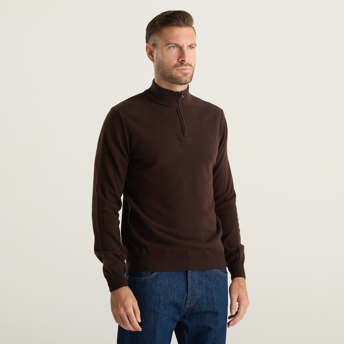 Wool & Co Maglione Uomo Marrone Scuro con Collo Alto e Mezza Zip