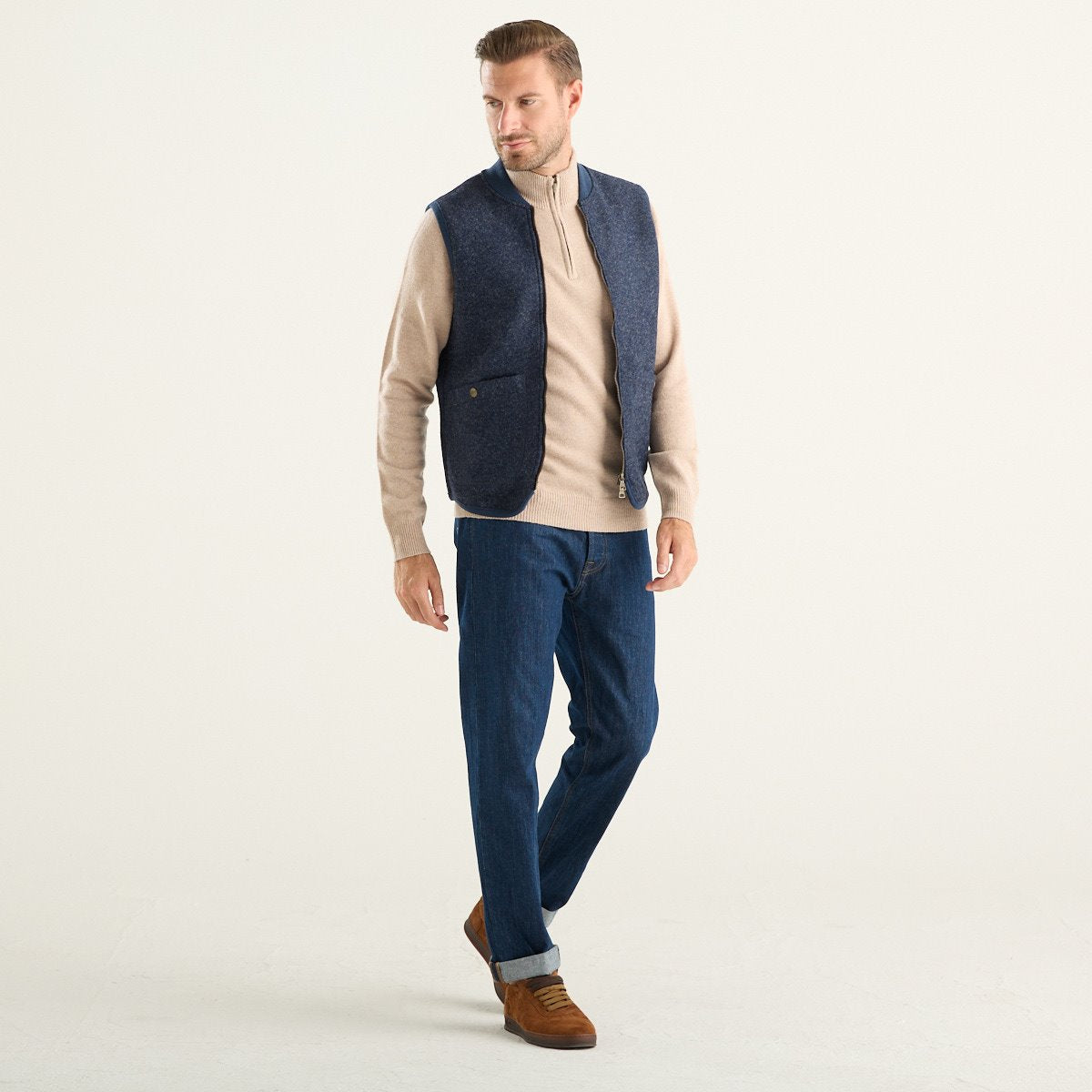 Bl’ker Vintage gilet uomo Wolf in lana cotta blu mélange