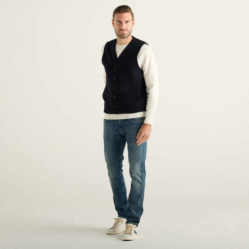 Filson Mackinaw Wool Vest Gilet Uomo Blu Navy in Lana Vergine con Bottoni e Tasche