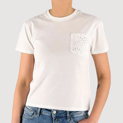 Mc2 Saint Barth t-shirt Emilie con tasca in sangallo bianca