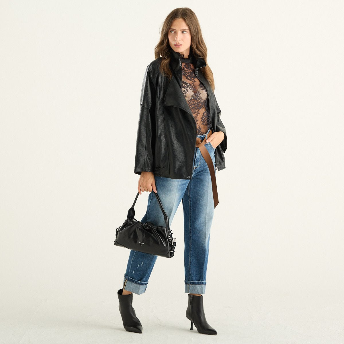 Haveone giacca donna nera effetto pelle martellata