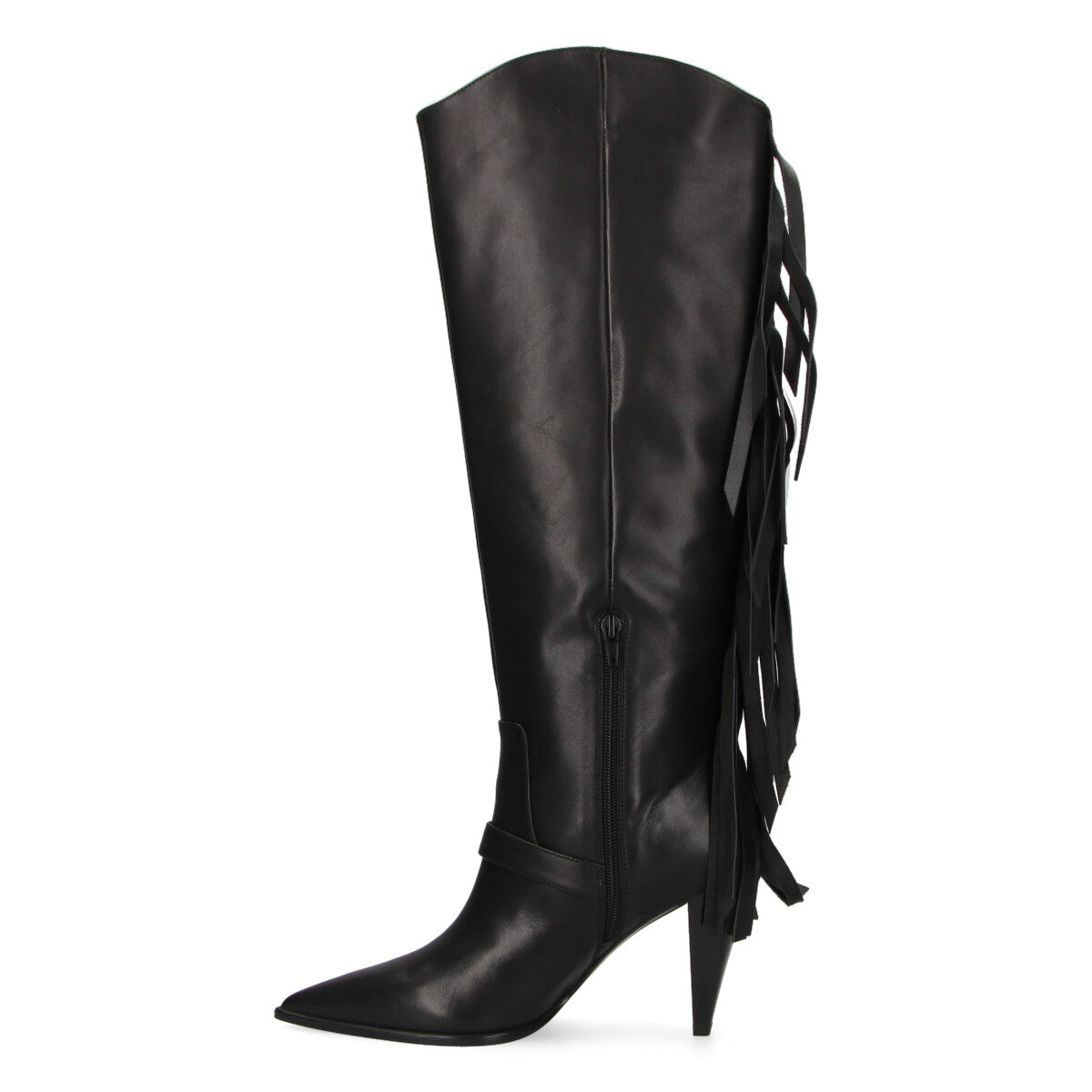 Pinko stivale alto con frange in pelle nero
