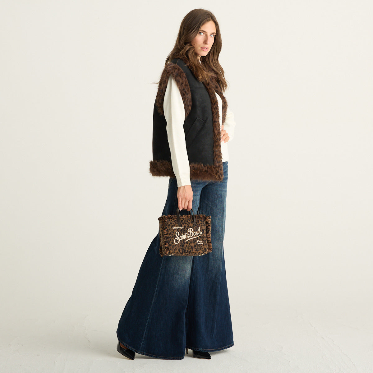 MC2 Saint Barth Gilet Donna Nero Effetto Montone con Ecopelliccia Marrone