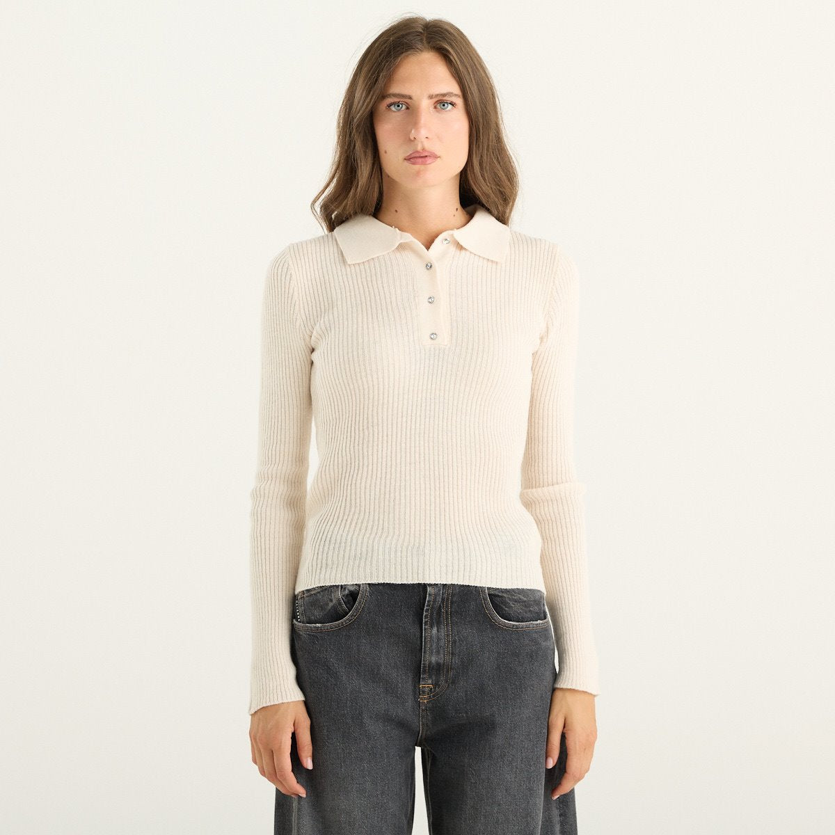 Haveone polo donna panna in maglia a coste con bottoni strass