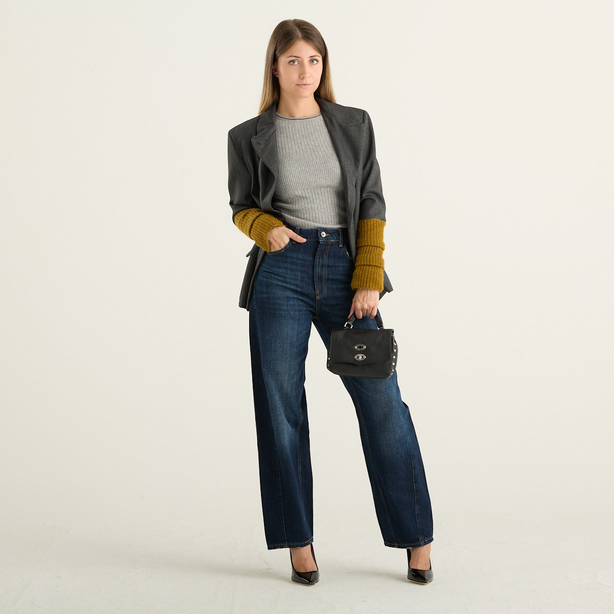 Souvenir blazer donna grigio con manicotti in maglia