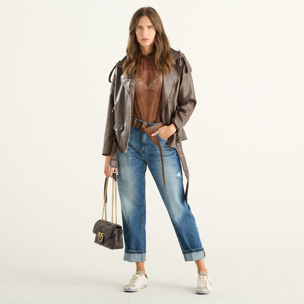 Haveone giacca biker donna marrone con cintura
