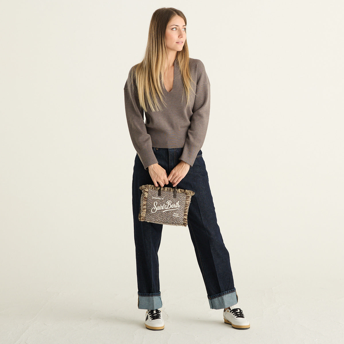 Mei Mei J Maglia Donna Tortora Mélange con Scollo a V e Maniche Lunghe
