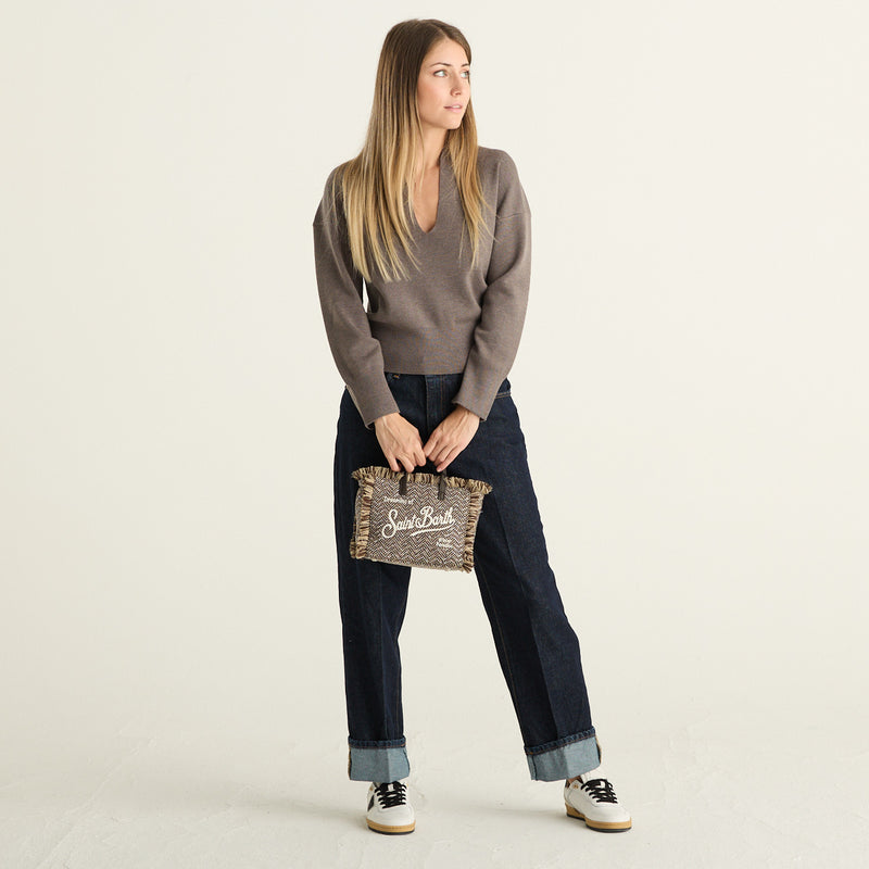 Mei Mei J Maglia Donna Tortora Mélange con Scollo a V e Maniche Lunghe