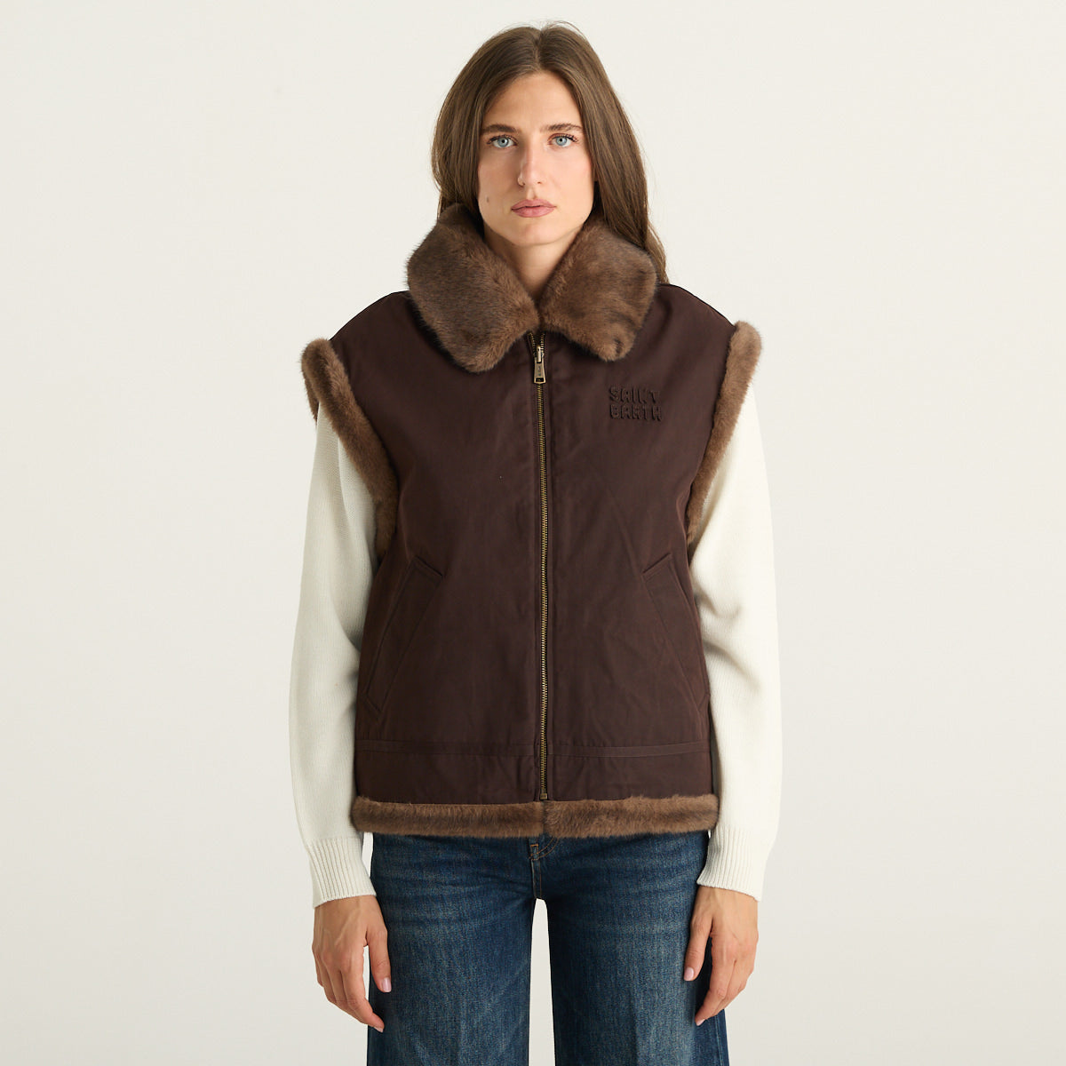 MC2 Saint Barth Gilet Donna Reversibile Marrone con Ecopelliccia e Zip