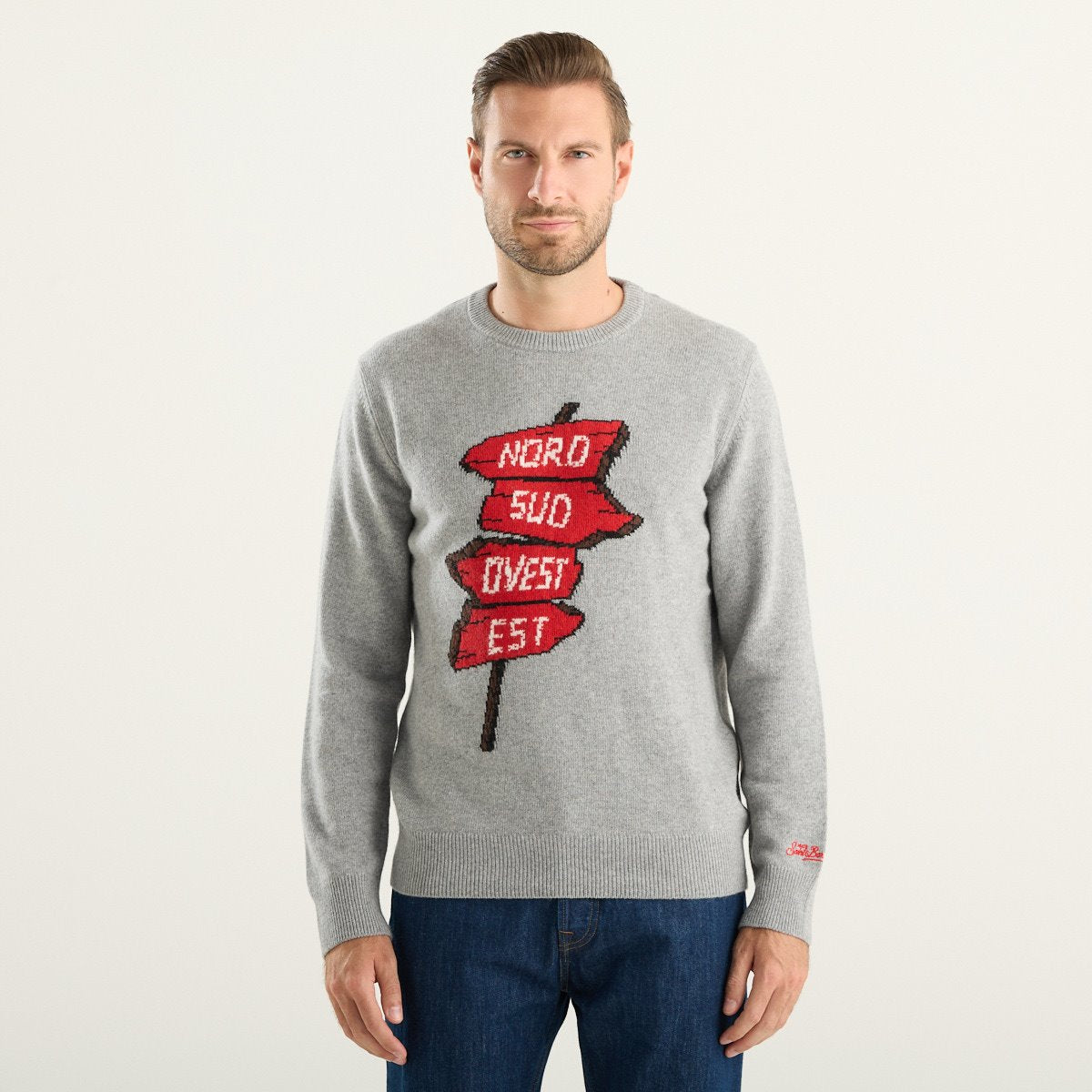 MC2 Saint Barth maglione uomo Heron grigio con intarsio Nord Sud Ovest Est