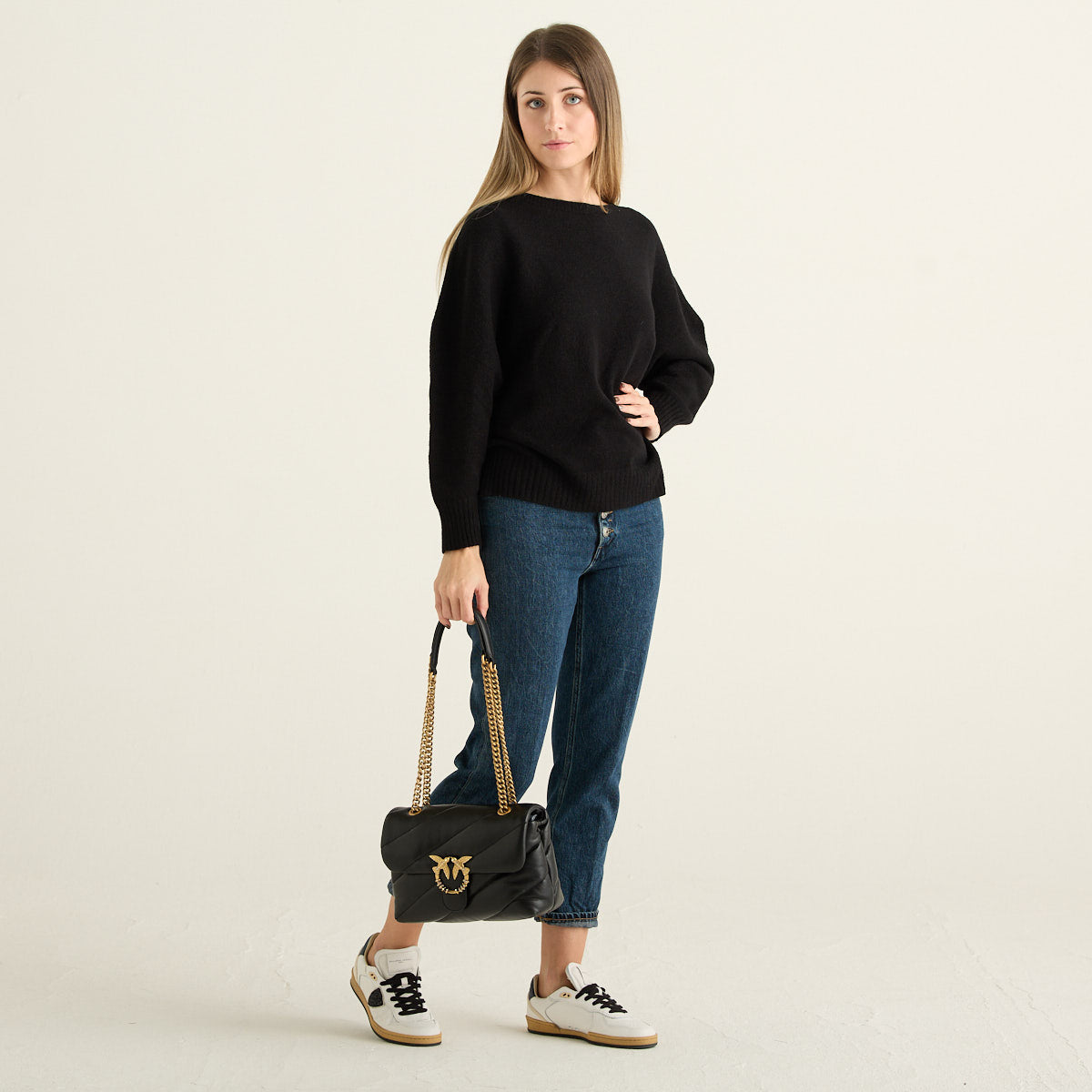 Haveone Maglione Donna Nero a Girocollo con Maniche a Pipistrello e Vestibilità Morbida