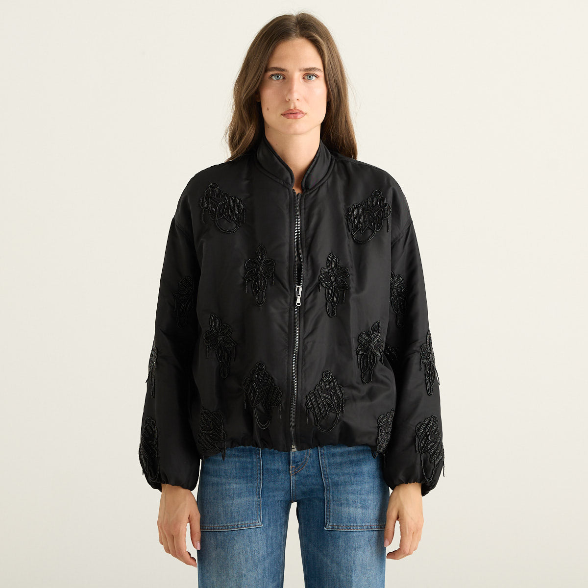 Souvenir Privée Bomber Donna Nero con Ricami di Perline e Chiusura Zip