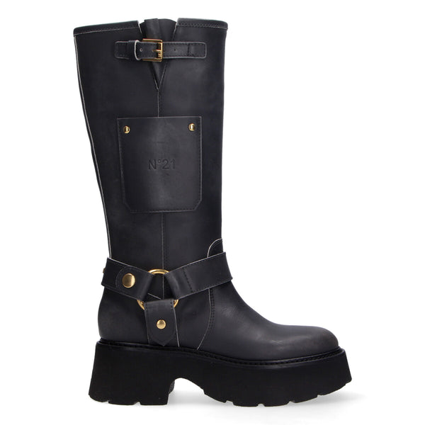 Stivali Biker Alti Neri in Pelle Invecchiata N21
