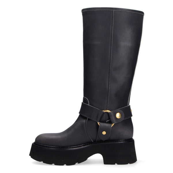 Stivali Biker Alti Neri in Pelle Invecchiata N21