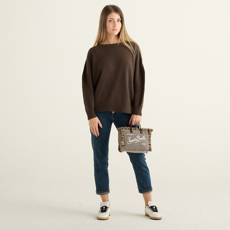 Have One Maglione Donna Marrone Cioccolato a Girocollo con Maniche a Pipistrello e Vestibilità Morbida