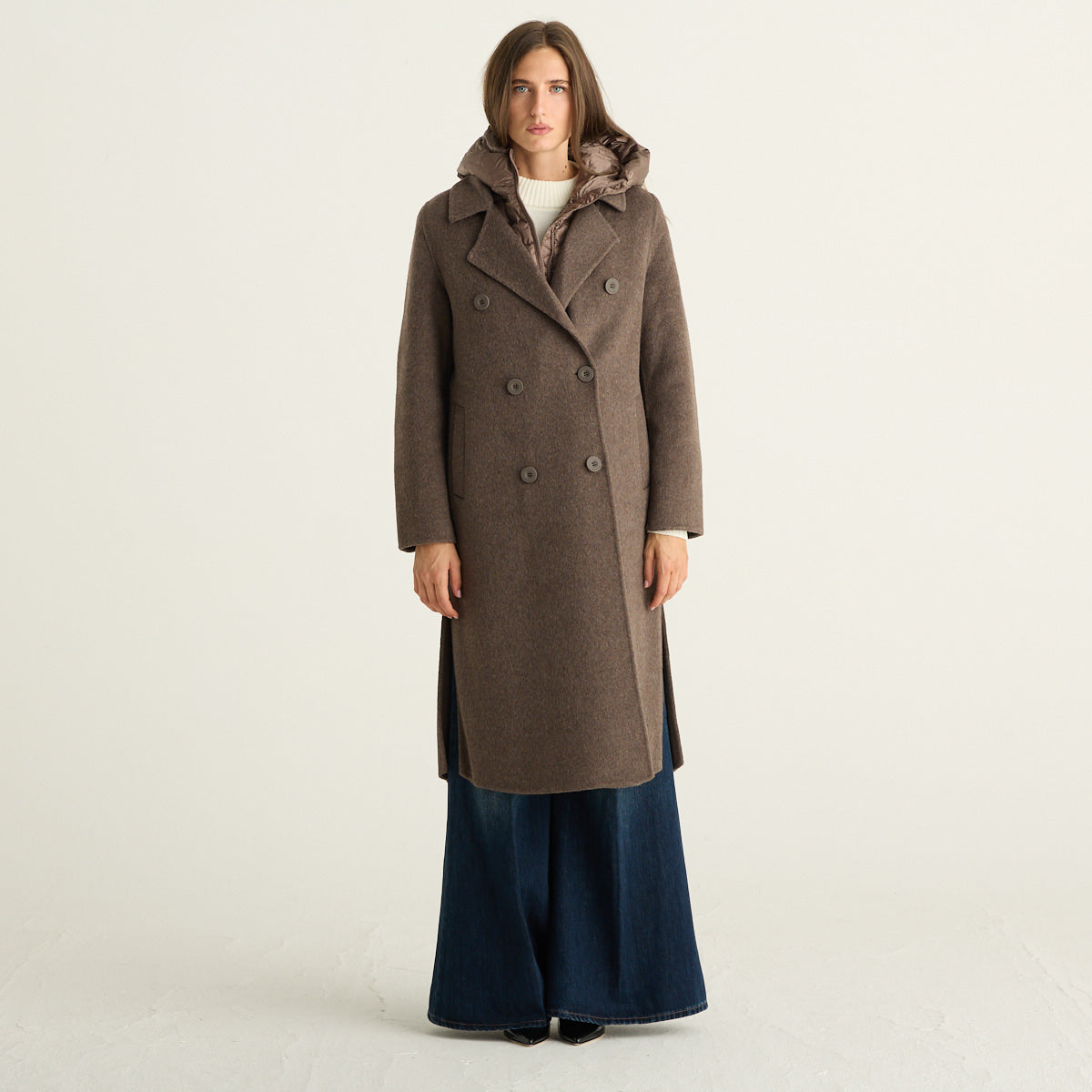 Bomboogie Cappotto Donna Doppiopetto Tortora Mélange con Cappuccio Imbottito