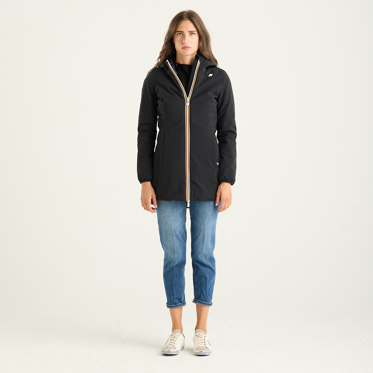 K-way giubbino lungo denise sfiancato reversibile nero e blu con cappuccio