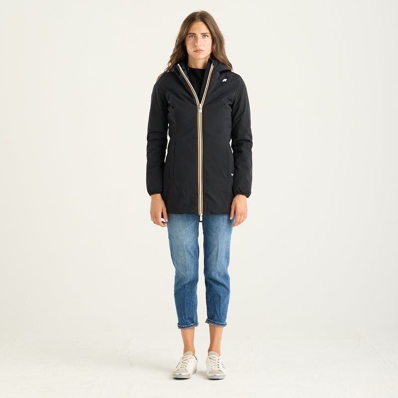 K-way giubbino lungo denise sfiancato reversibile nero e blu con cappuccio
