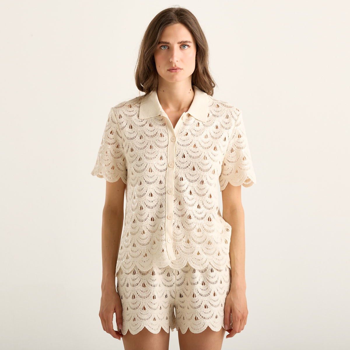 Mc2 Saint Barth camicia monet crochet shell paillettes beige