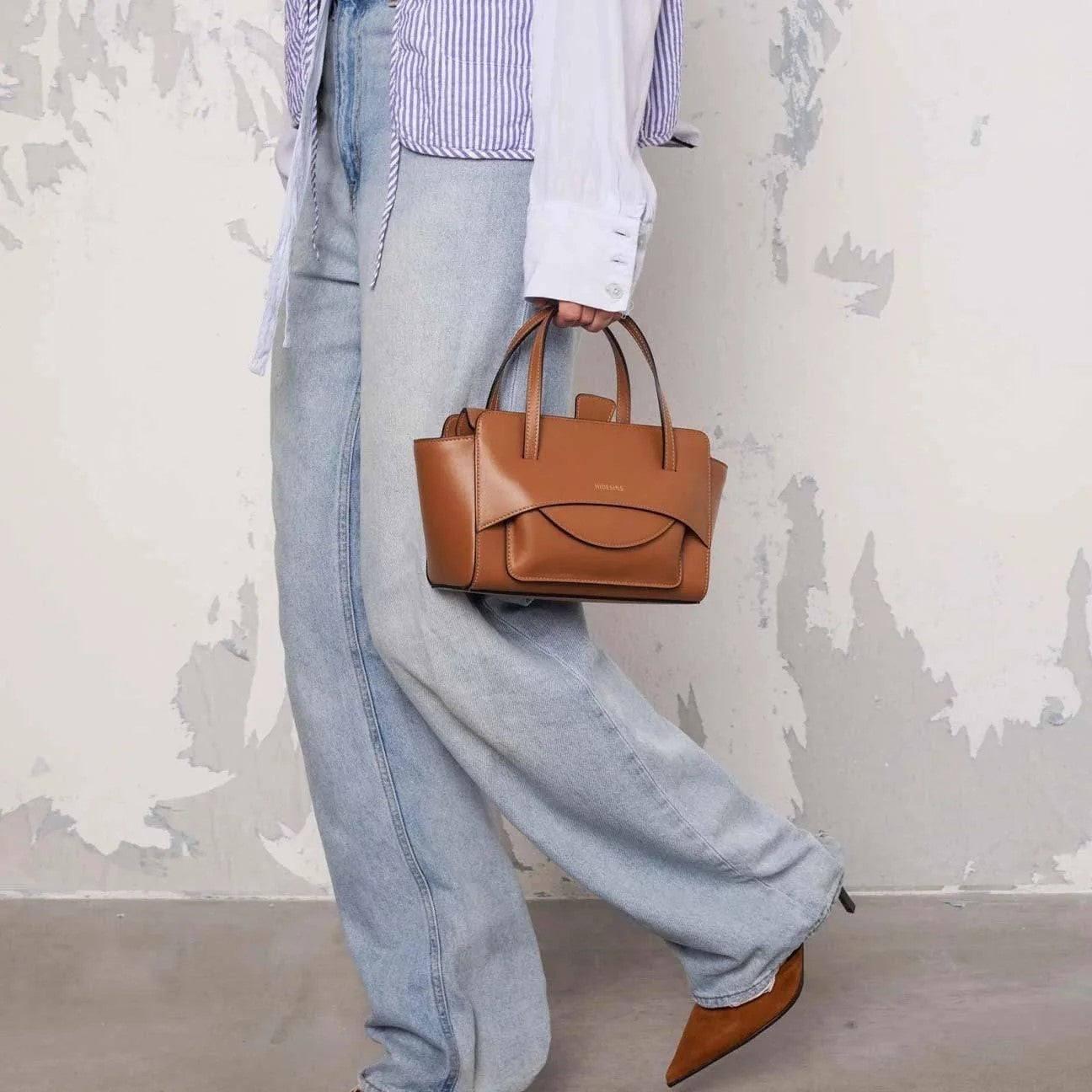 Hidesins borsa a mano Flap S in pelle caramel