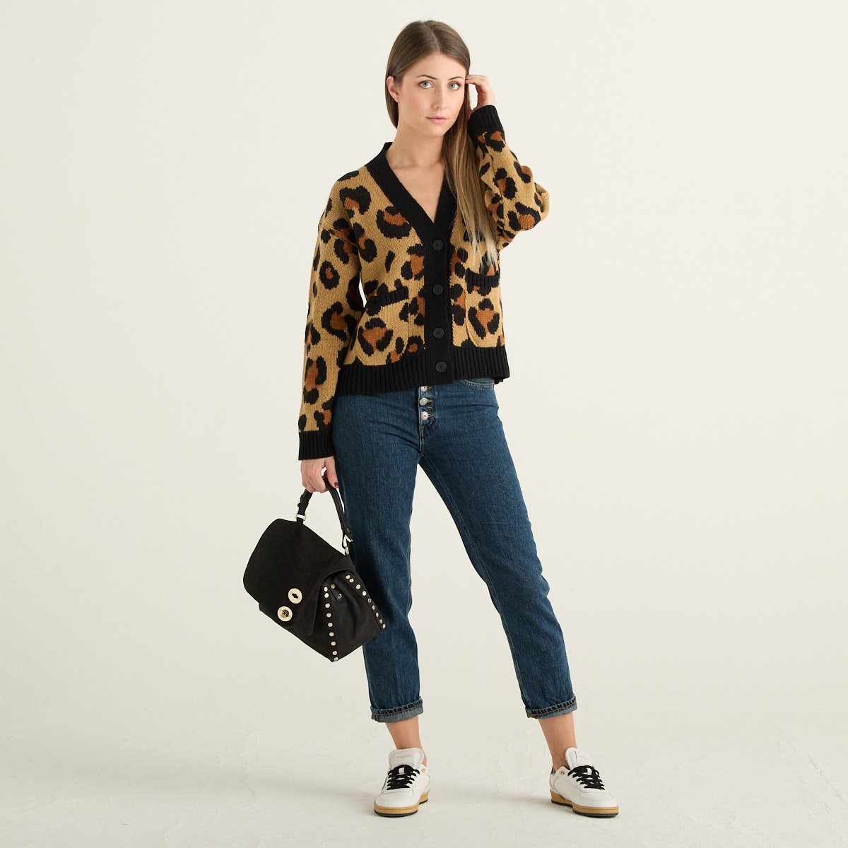 Rue Madam Paris Cardigan Donna Animalier Leopardato Beige e Nero con Bottoni