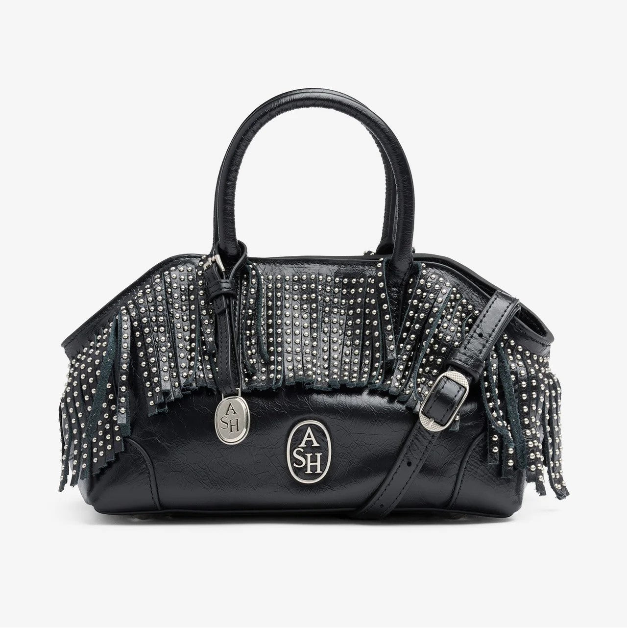 Ash borsa Justine con frange borchiate in pelle nera