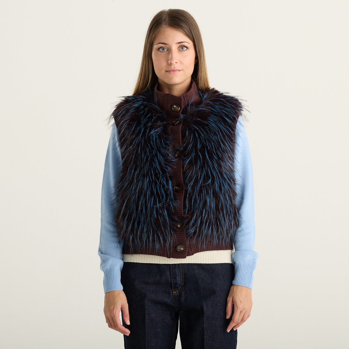 Souvenir Gilet Donna Marrone con Pelliccia a Pelo Lungo Blu e Chiusura con Bottoni
