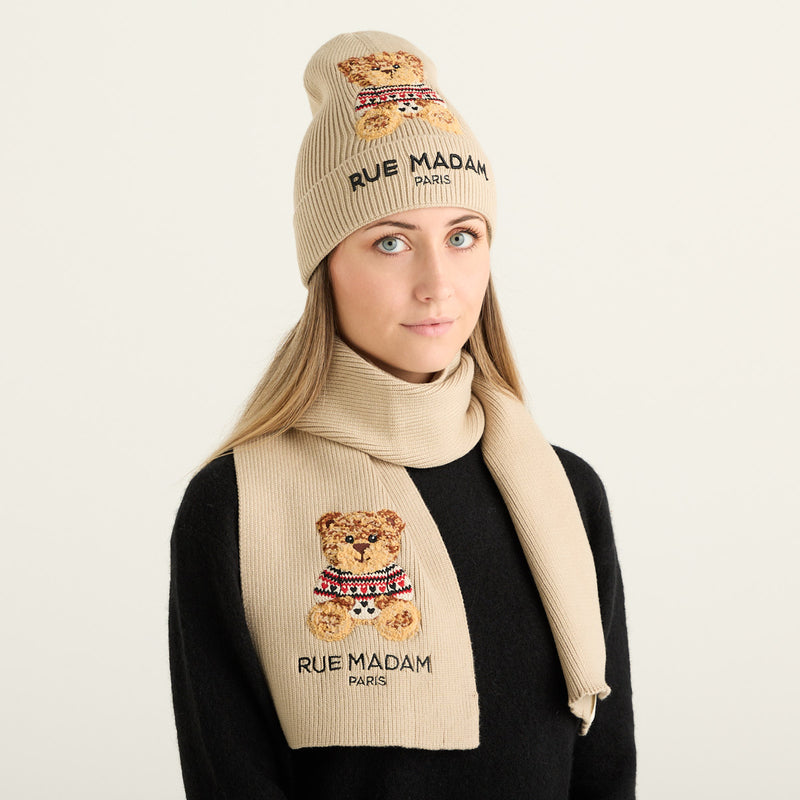 Rue Madam Paris Set Cappello e Sciarpa Beige con Orsetto