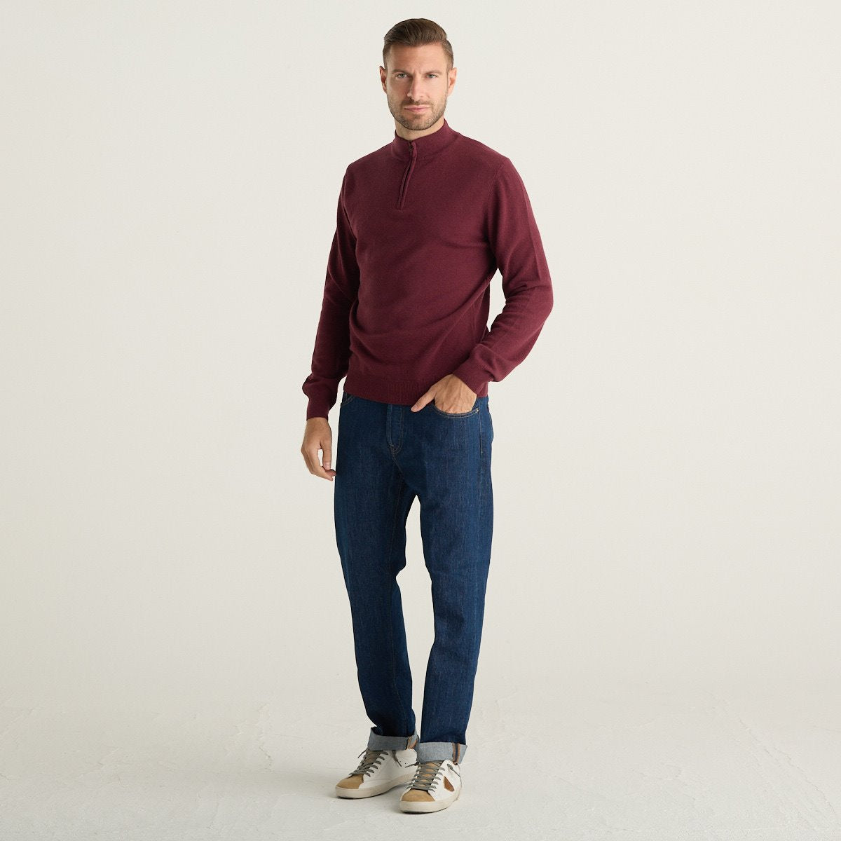 Wool & Co Maglione Uomo Bordeaux con Collo Alto e Mezza Zip