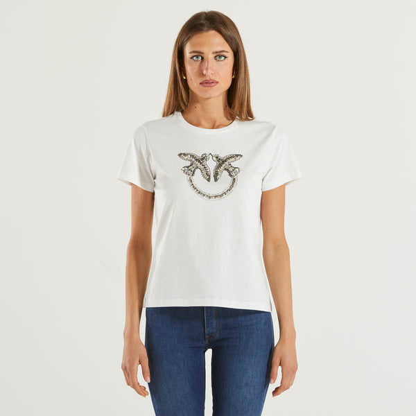 Pinko t-shirt maxi logo love birds strass bianco