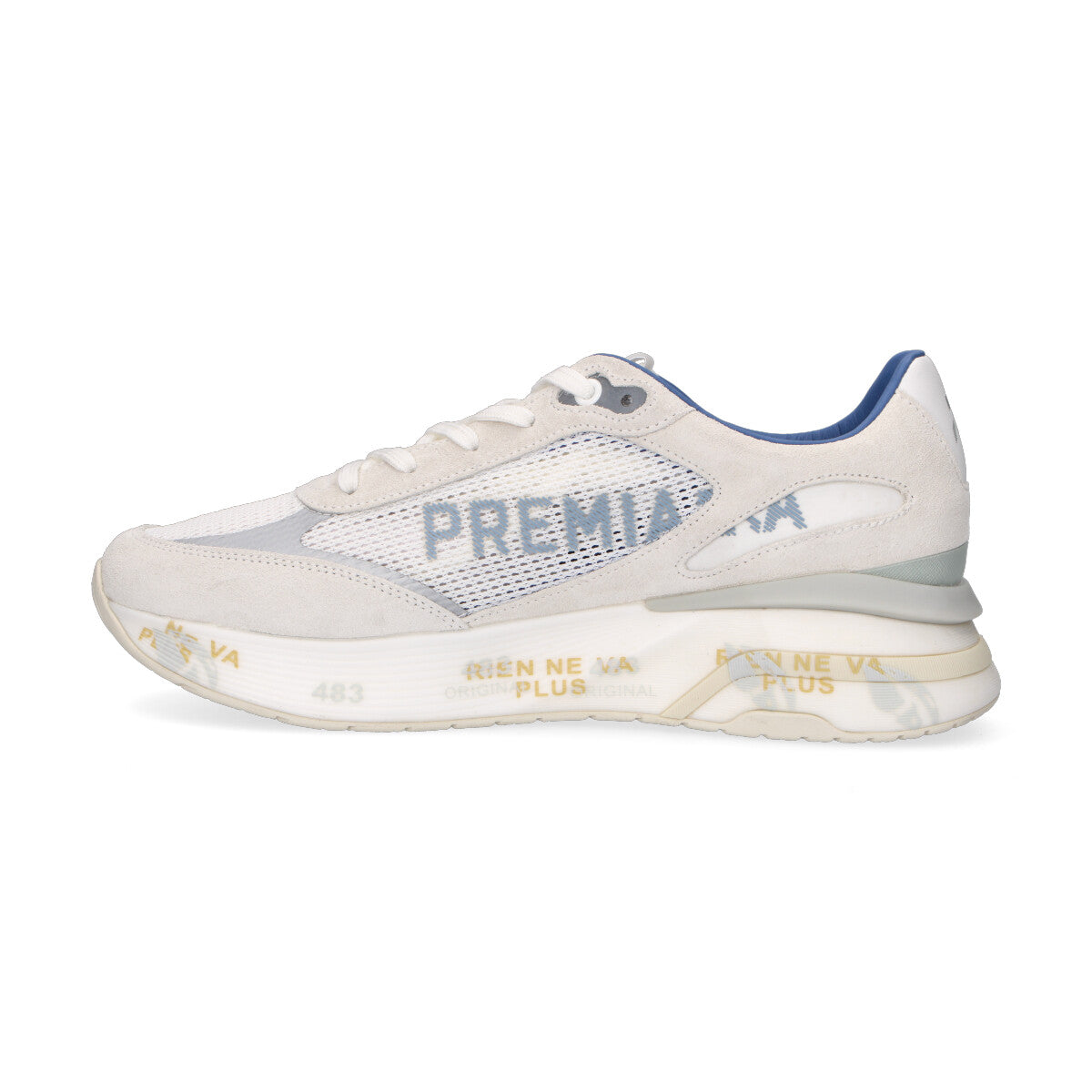 Premiata sneaker Moerun in camoscio bianca azzurro
