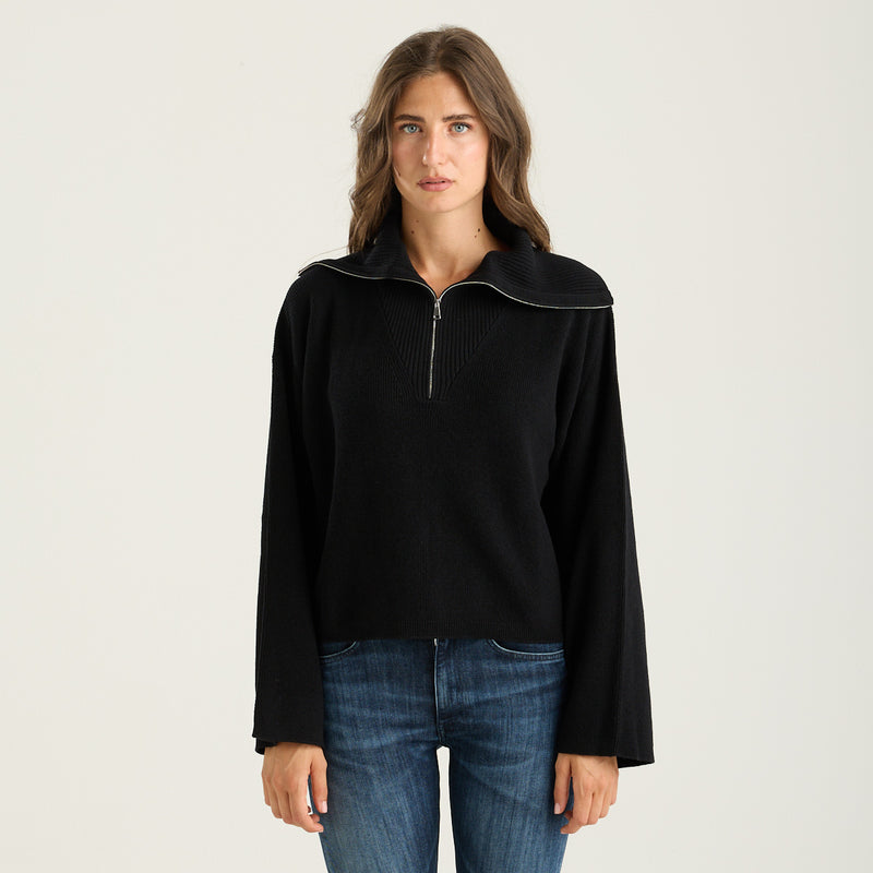 Solotre maglione in tessuto nero con zip argento