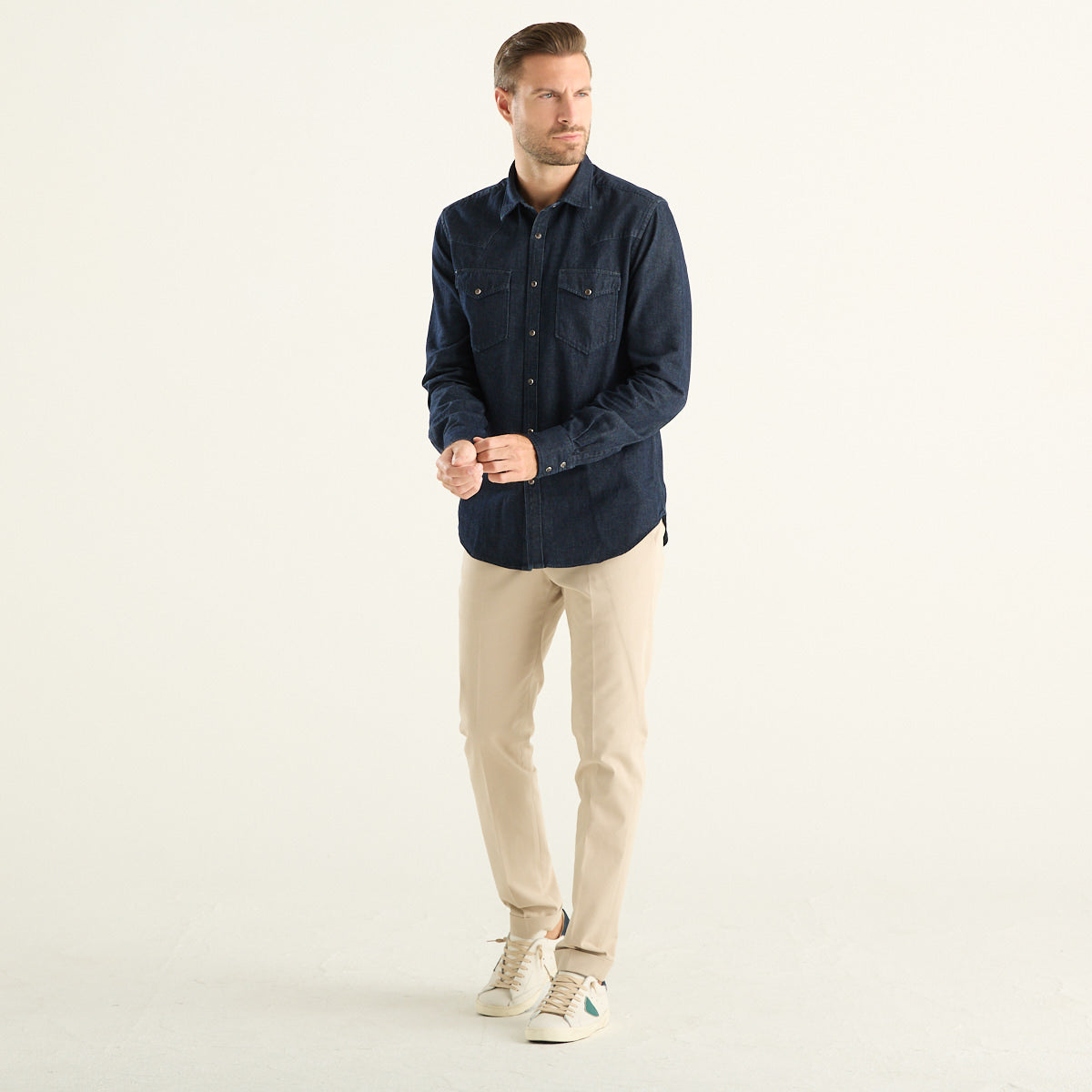 Xacus – Camicia uomo western in denim blu scuro