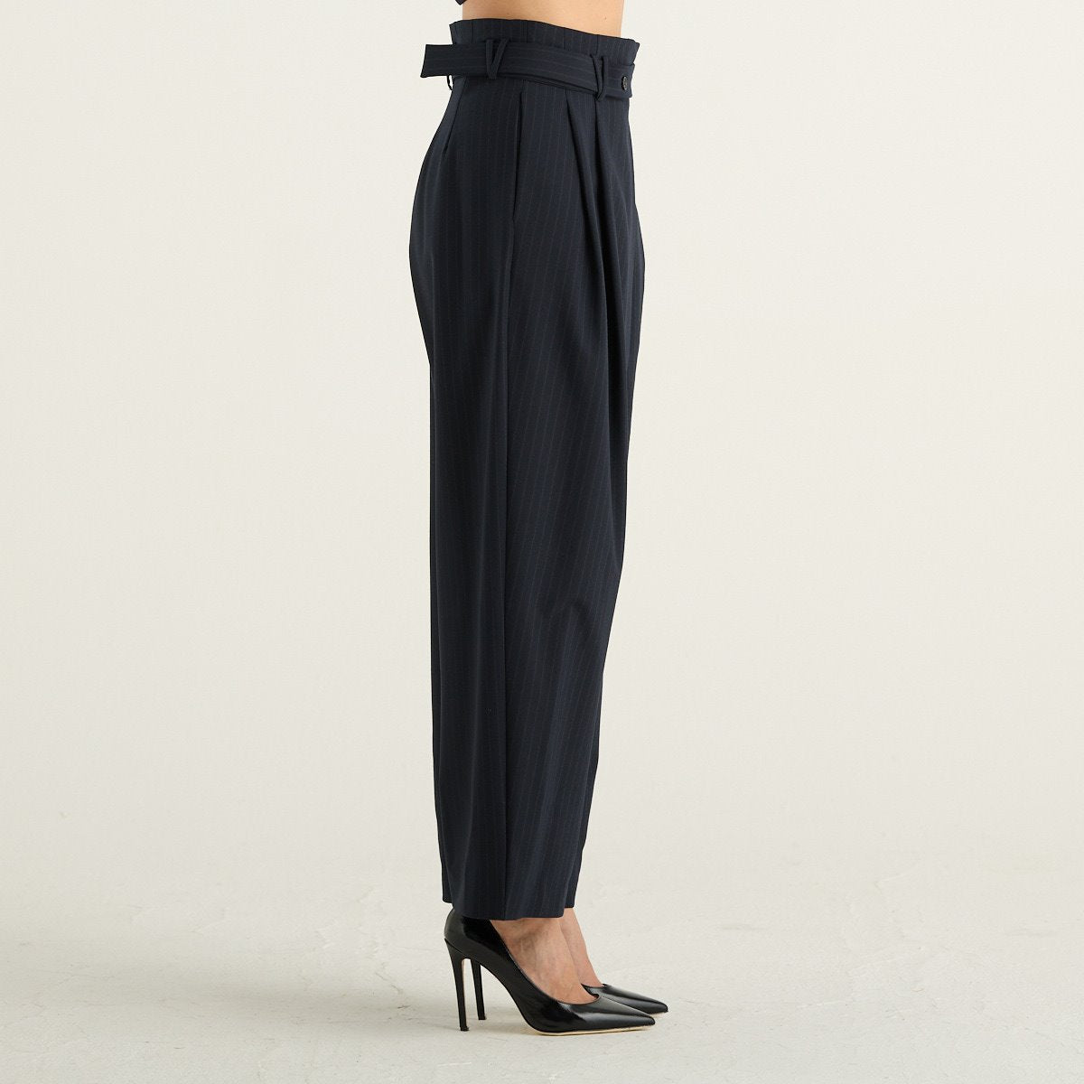 Meimeij pantalone donna blu gessato a vita alta in misto lana vergine