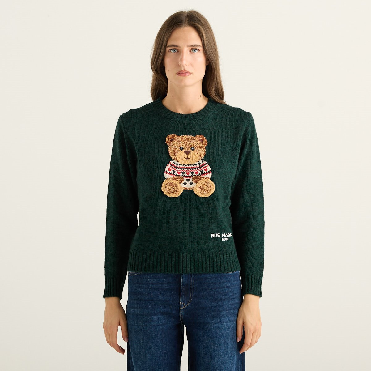 Rue Madam Paris Maglione Donna Verde Bosco con Orsetto Marvin in Misto Lana