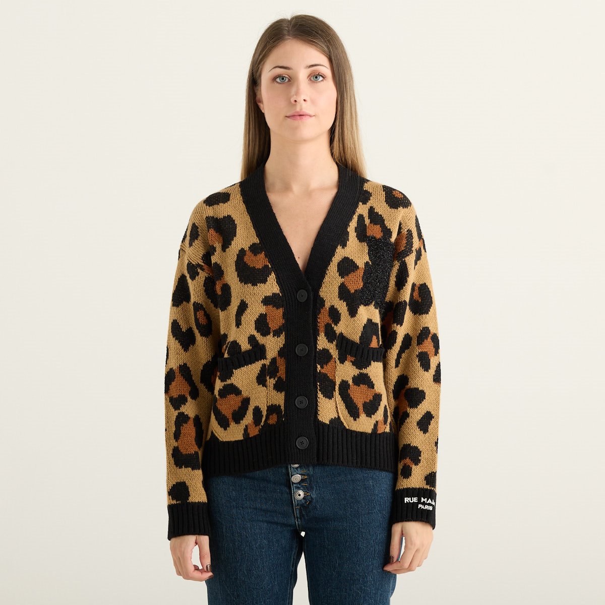 Rue Madam Paris Cardigan Donna Animalier Leopardato Beige e Nero con Bottoni