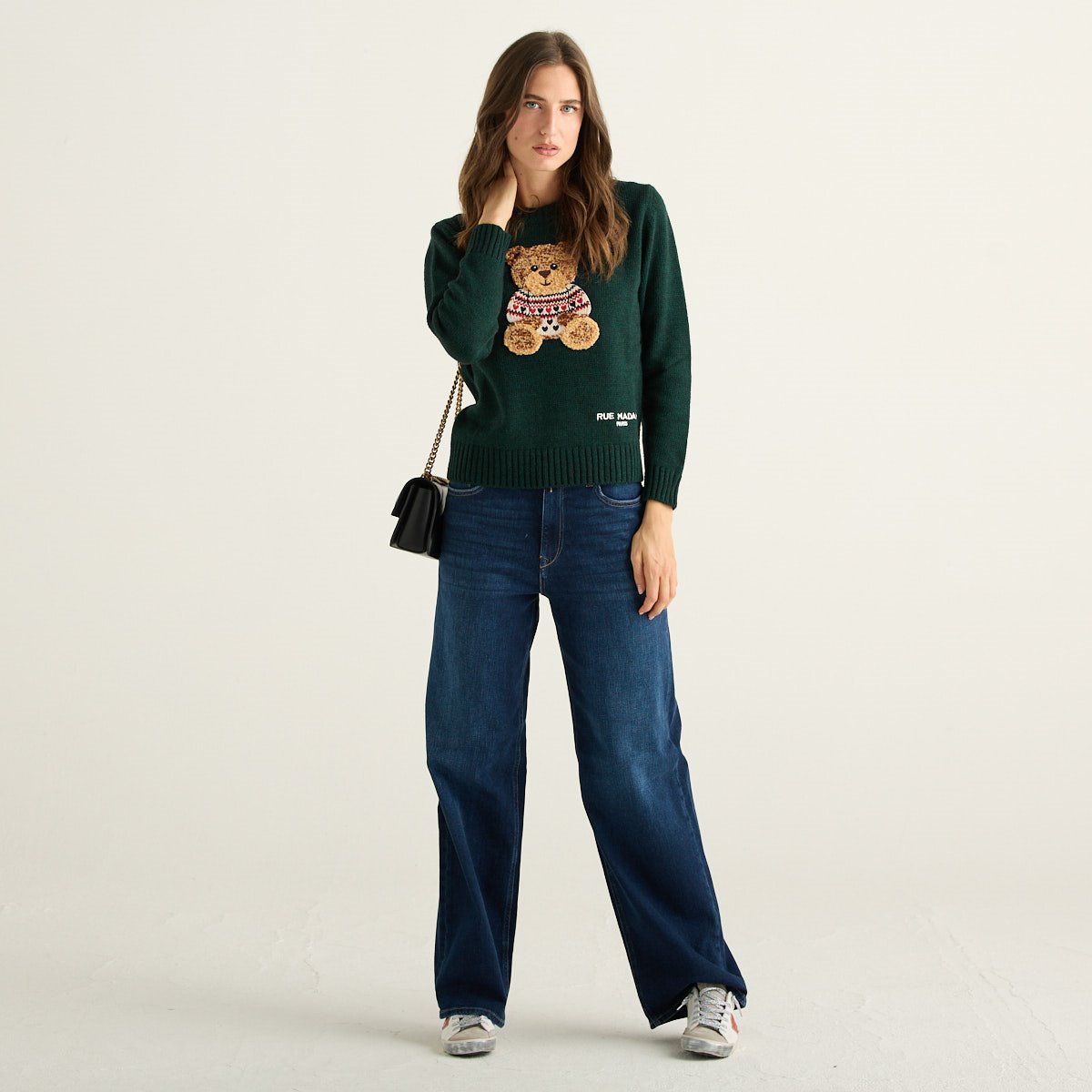Rue Madam Paris Maglione Donna Verde Bosco con Orsetto Marvin in Misto Lana