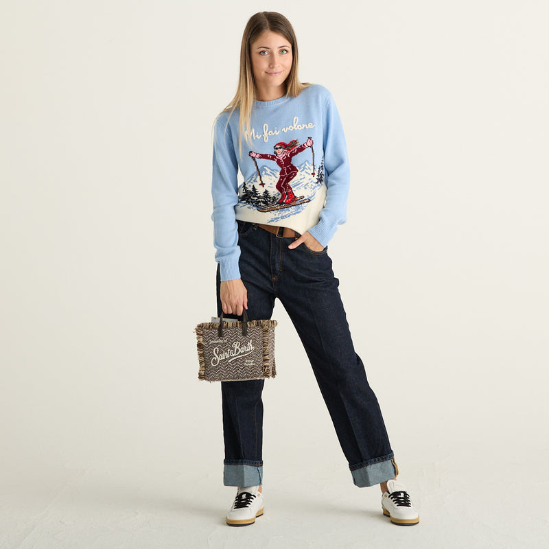MC2 Saint Barth Maglione Donna Queen Azzurro con Stampa Sci Mi Fai Volare