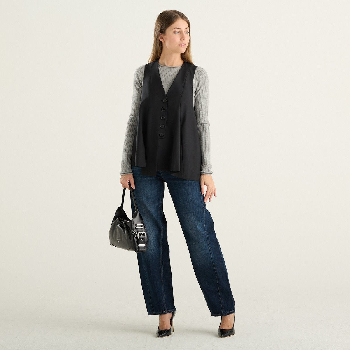 MeiMeij gilet donna nero con scollo a V e fondo a pieghe