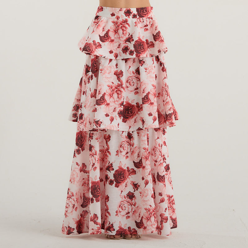 Acrualee gonna a balze in fantasia floreale rosa