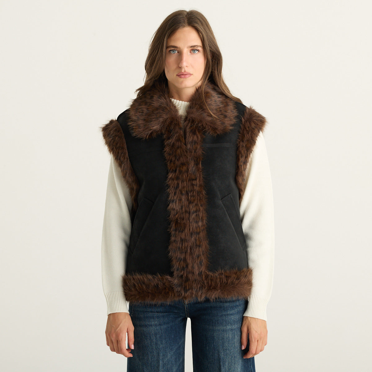 MC2 Saint Barth Gilet Donna Nero Effetto Montone con Ecopelliccia Marrone