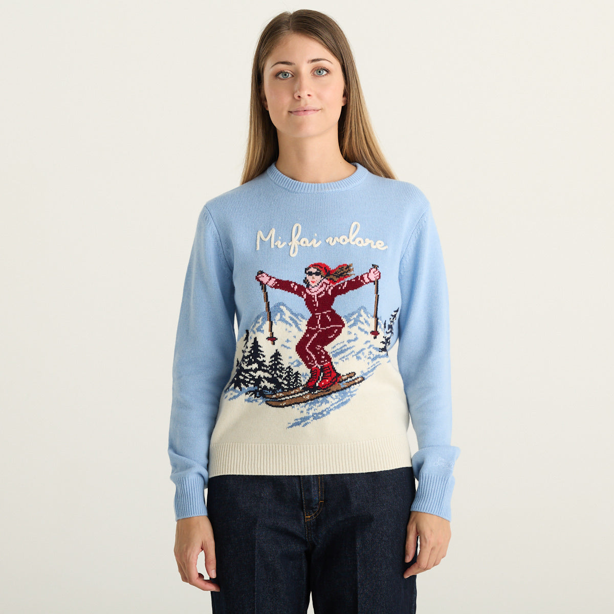 MC2 Saint Barth Maglione Donna Queen Azzurro con Stampa Sci Mi Fai Volare