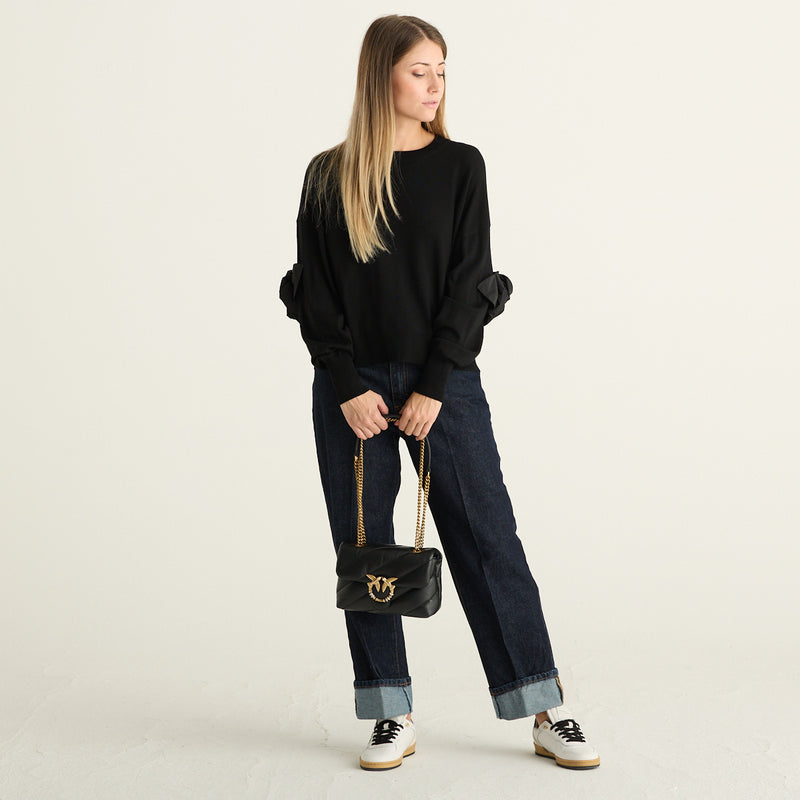 Mei Mei J Maglia Donna Nera con Fiocchi sulle Maniche e Girocollo
