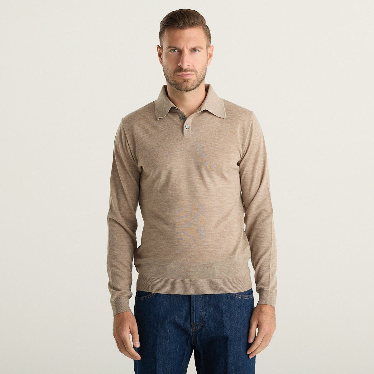 Wool & Co Maglione Polo Uomo Beige Mélange in Lana Merino e Cashmere