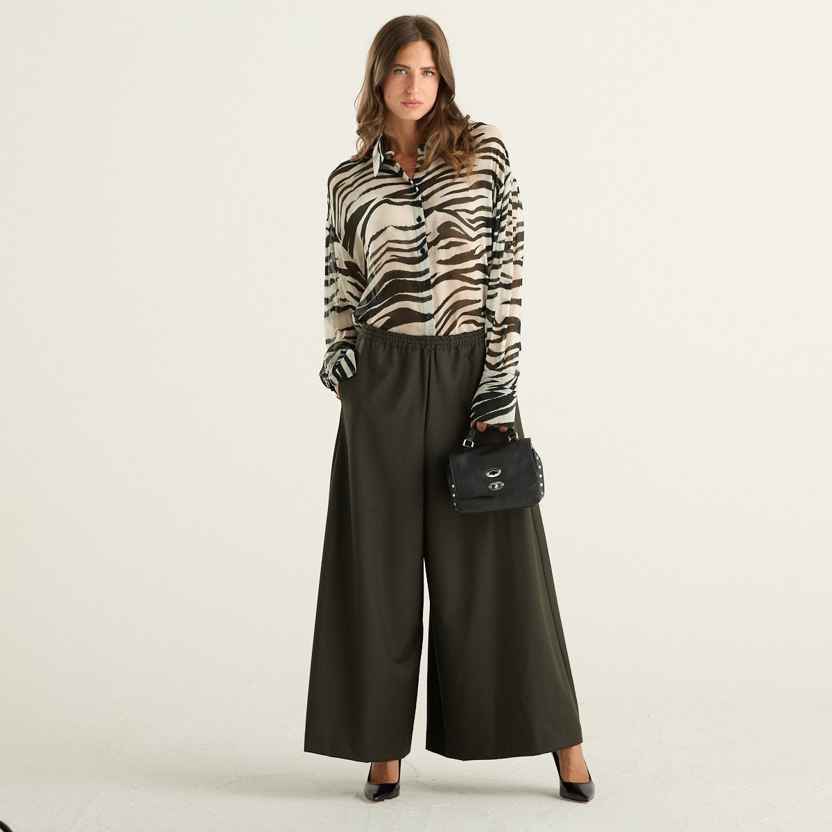 Meimeij pantaloni donna palazzo verde scuro con vita elasticizzata